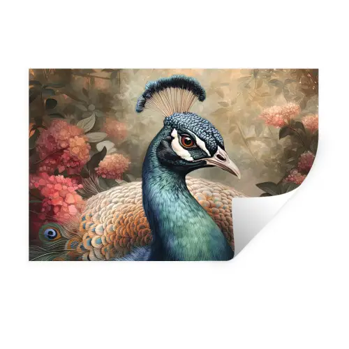 Pauw - Vogel - Bloemen - Planten - Pauwenveren Muursticker klein -3d