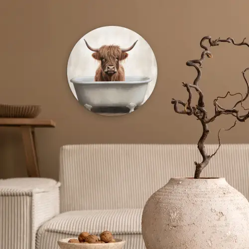 Schotse hooglander - Bad - Badkamer - Badkuip - Bruin - Horens Wandcirkel kunststof plaat 5mm dik klein -sfeer1
