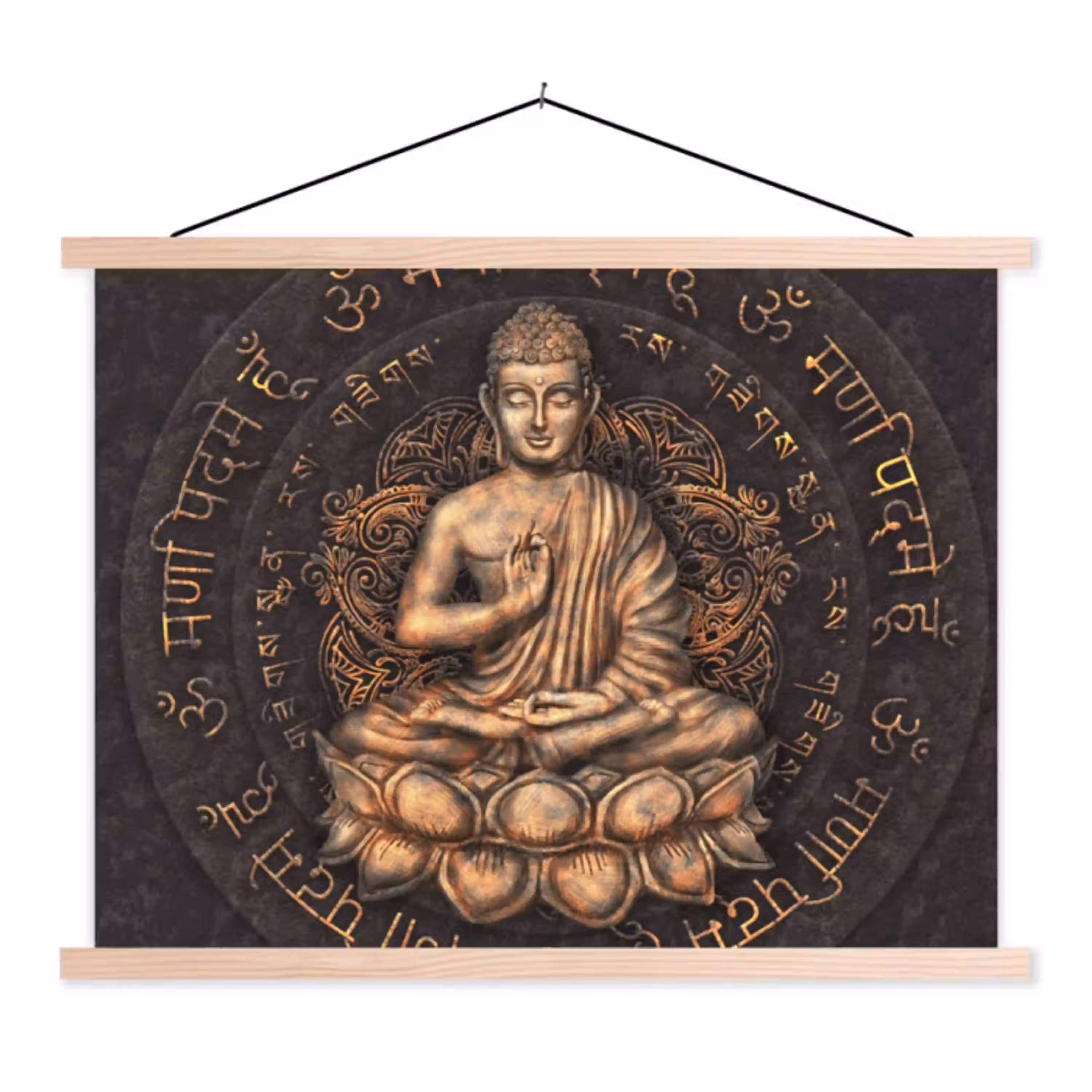 Boeddha - Mantra - Meditatie - Spiritueel - Koper textielposter latten blank klein -3d
