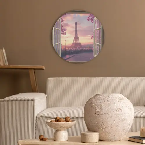 Doorkijk - Parijs - Eiffeltoren - Roze - Kersenbloesem Akoestische PET Vilt - Rond klein -sfeer1