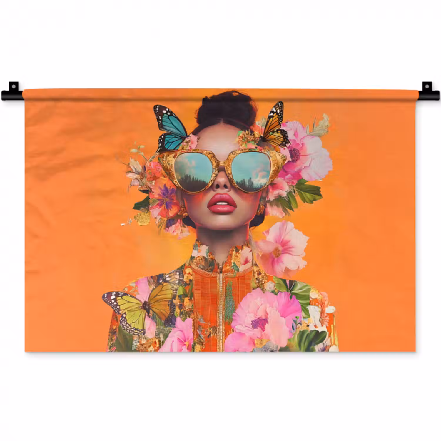 Wandteppich - Schmetterlinge - Frau - Sonnenbrille - Bunt
