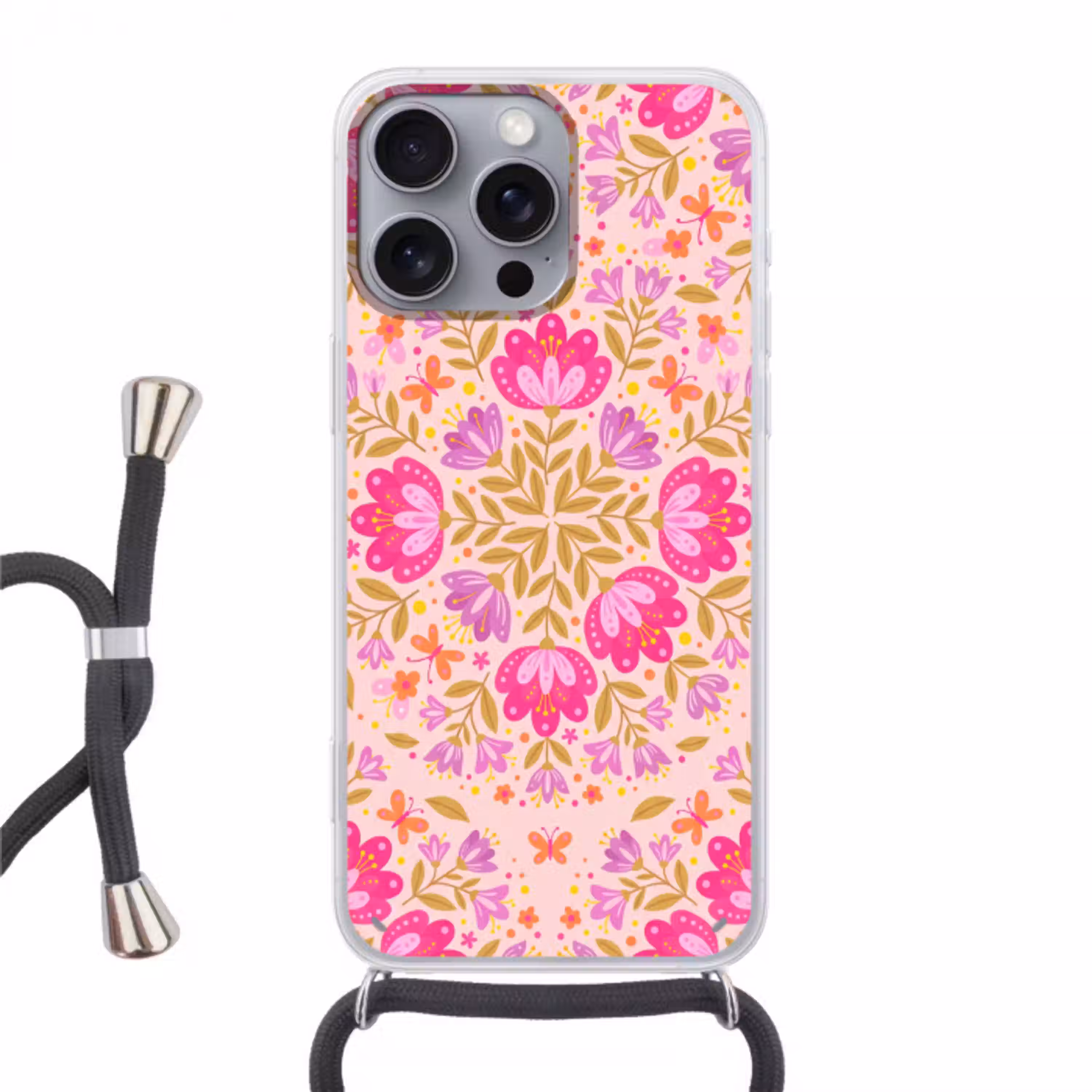 Bloemen - Patroon - Natuur - Abstract - Roze Hoesje iPhone 16 Pro Max met koord klein -3d
