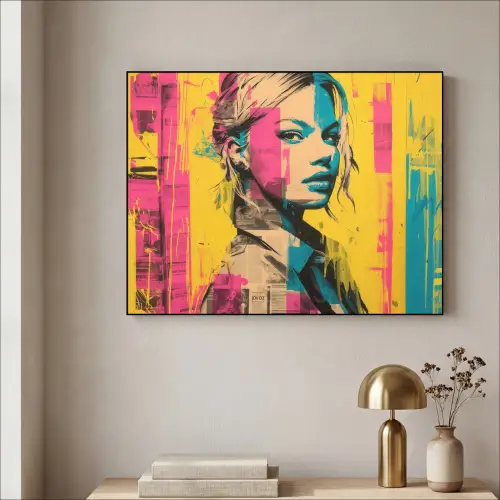 Vrouw - Verfstrepen - Gekleurd Textielframe - compleet frame klein -sfeer2