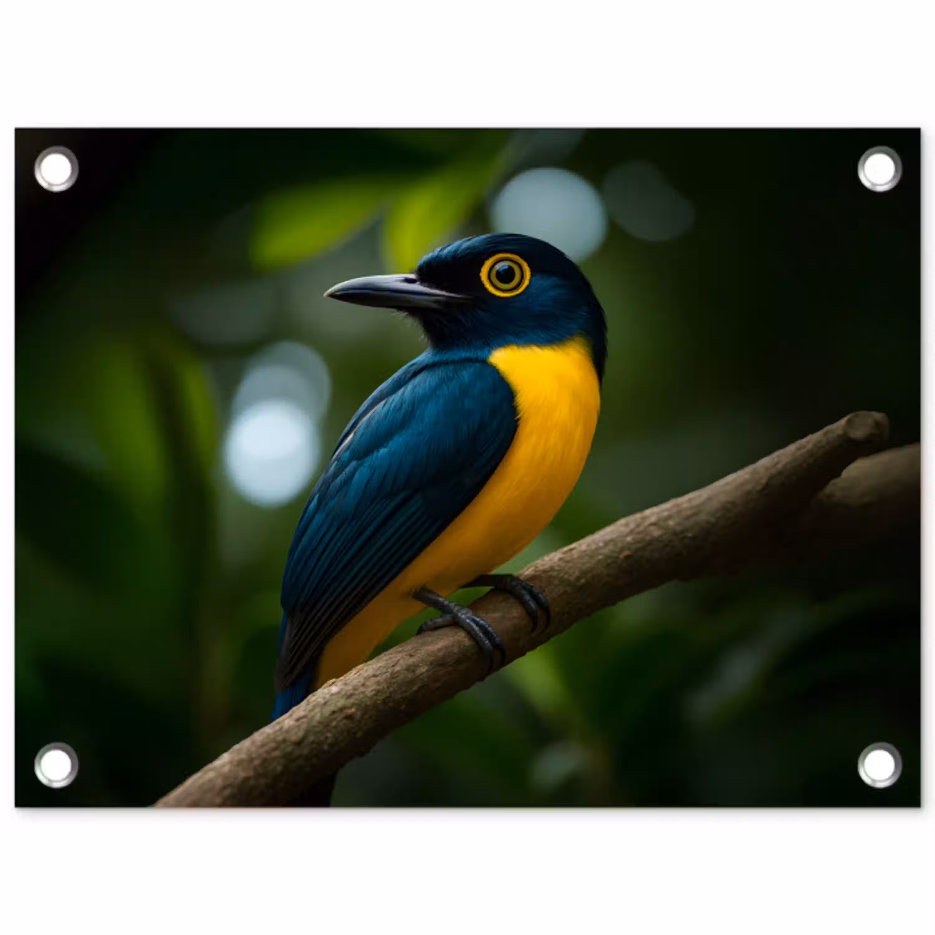 Vogel - Tak - Geel - Bladeren tuinposter los doek klein -3d
