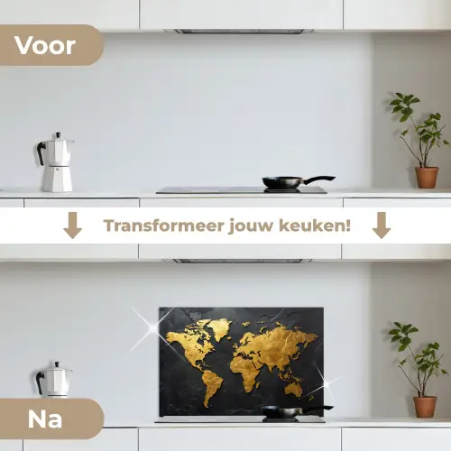 Wereldkaart - Goud - Steen keuken achterwand spatscherm klein -voor_na_NL