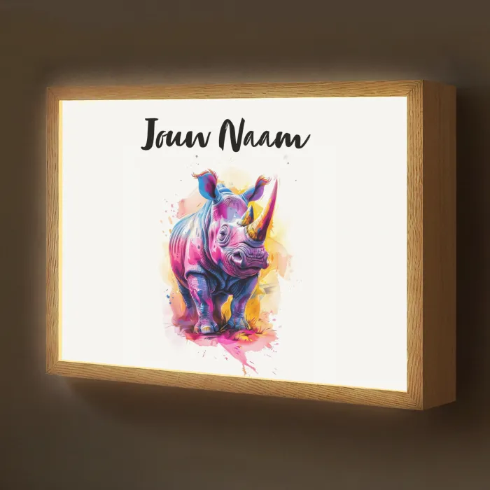 Neushoorn - Kleurrijk - Verf - Dieren Light Box met batterij (Wandlamp kind) middel -z3d_website