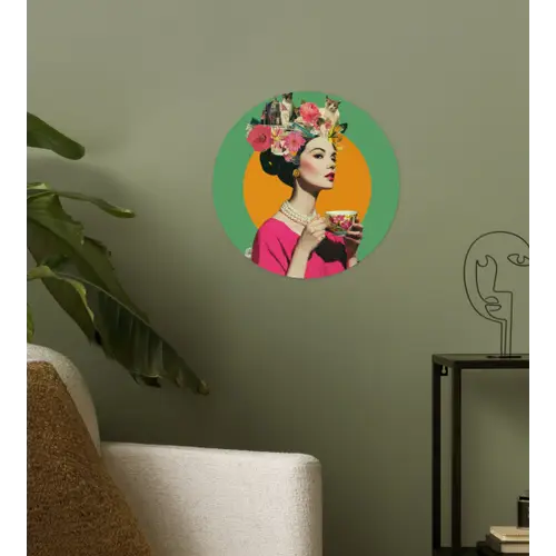 Retro - Vrouw - Stad - Zon Wandcirkel behangsticker klein -sfeer2
