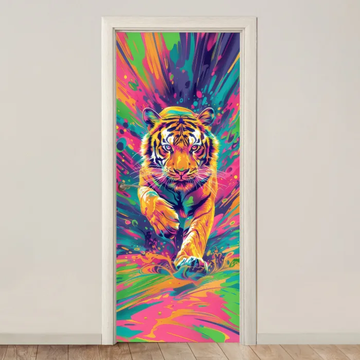 Tijger  - Wilde dieren - Kleurrijk - Verflook deurposter klein -3d_beige