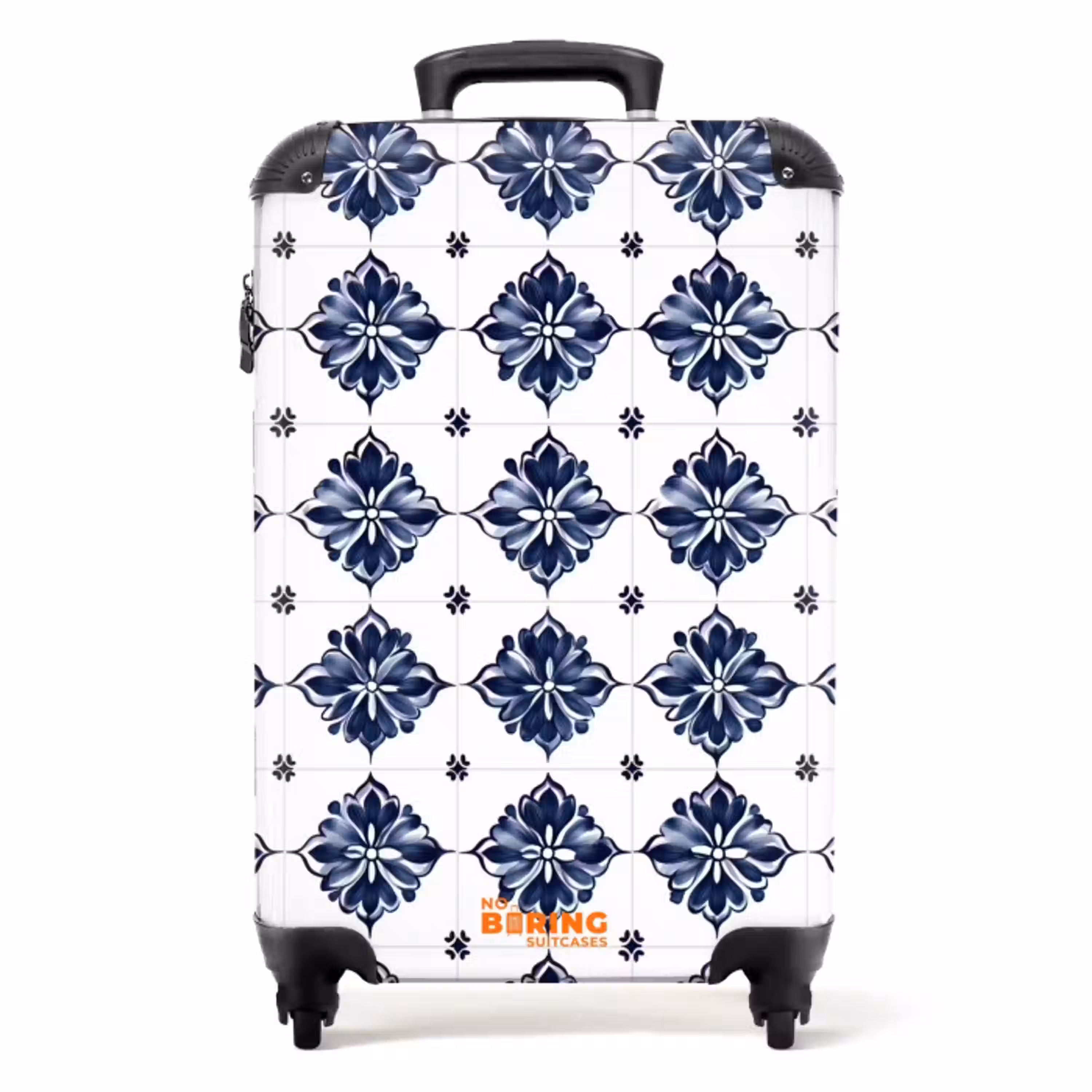 Tegelmotief - Blauw - Wit - Bloem NBS - Handbagage koffer - Volwassenen Unisex middel -productfoto_recht