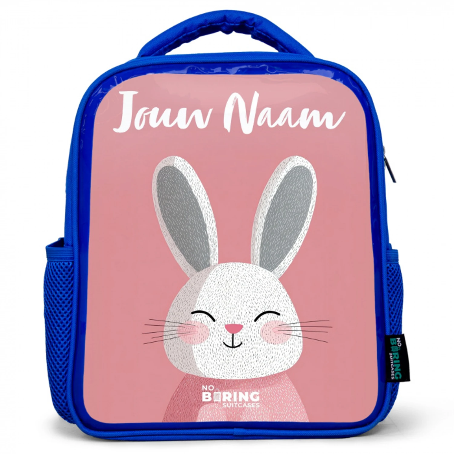 Konijn - Blosje - Stippen - Roze Kinderrugzak - Blauw middel -3d