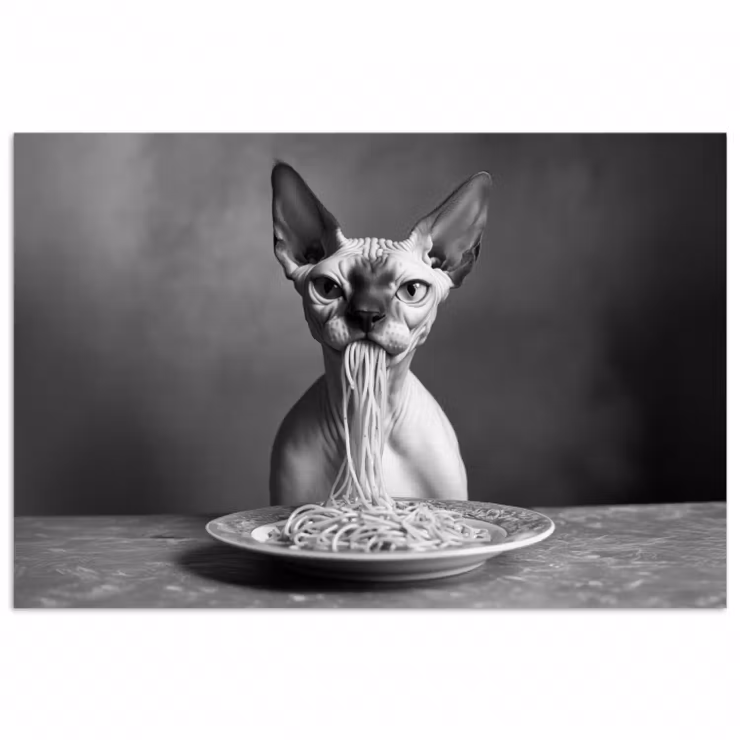 Poster - Sphynx - Katze - Tiere - Humor - Spaghetti - Schwarz und Weiß