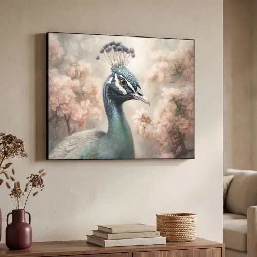 Pauw - Vogels - Bloemen - Boom - Botanisch Textielframe zwart klein -sfeer3