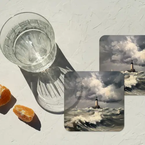 Vuurtoren - Golven - Storm onderzetter kurk middel -sfeer4