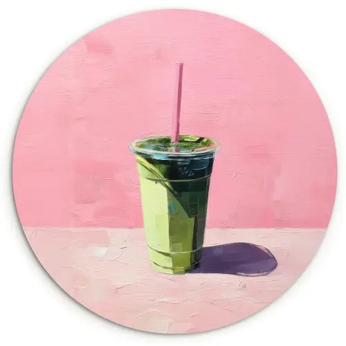 Beker - Rietje - Minimalistisch - Groen Wandcirkel kunststof plaat 5mm dik klein -3d