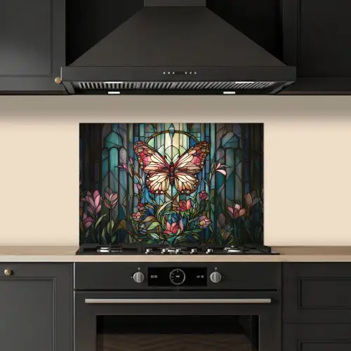 Vlinder - Roze - Bloemen - Bladeren keuken achterwand spatscherm klein -sfeer1