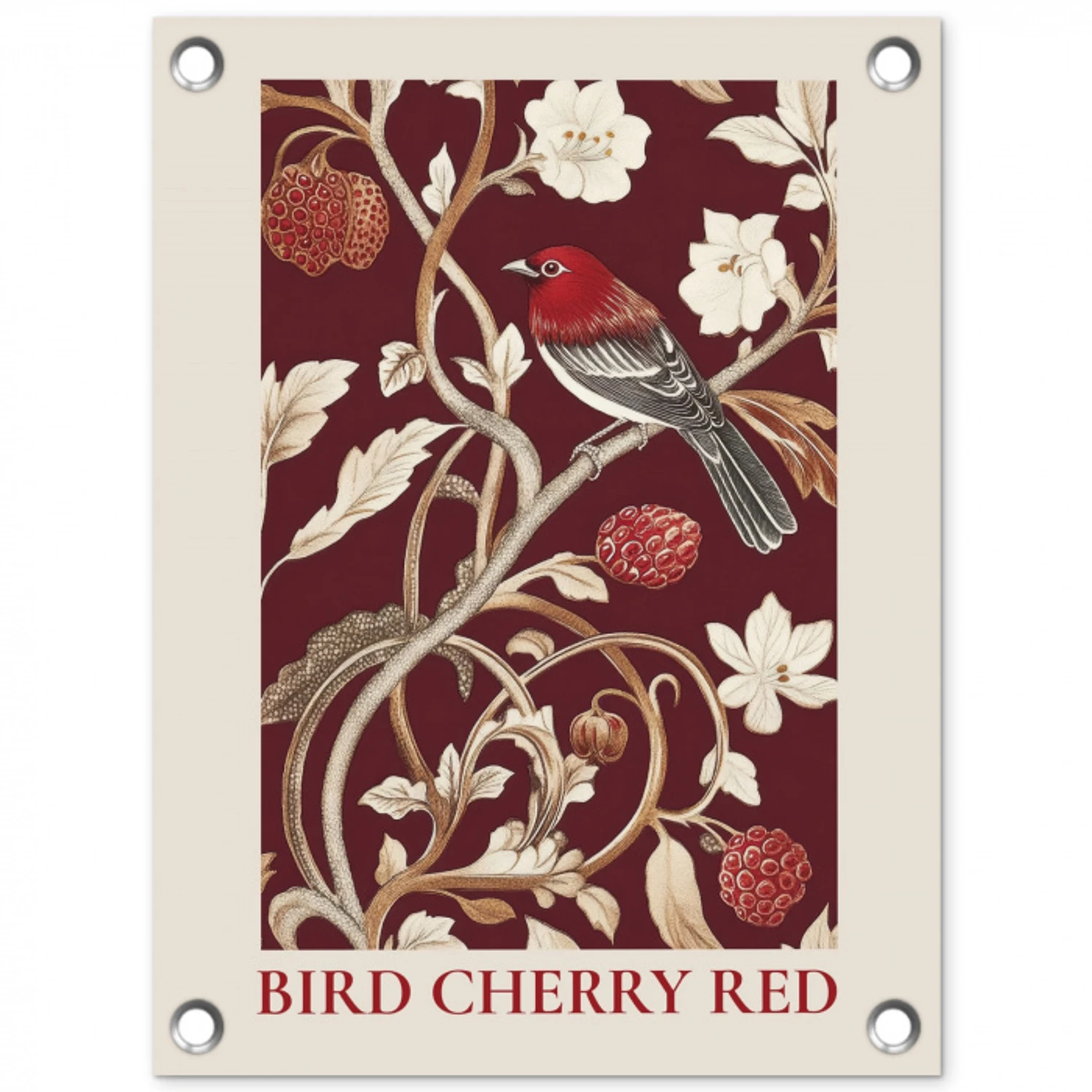 Vogel - Bordeaux - Bloemen - Bessen tuinposter los doek klein -3d