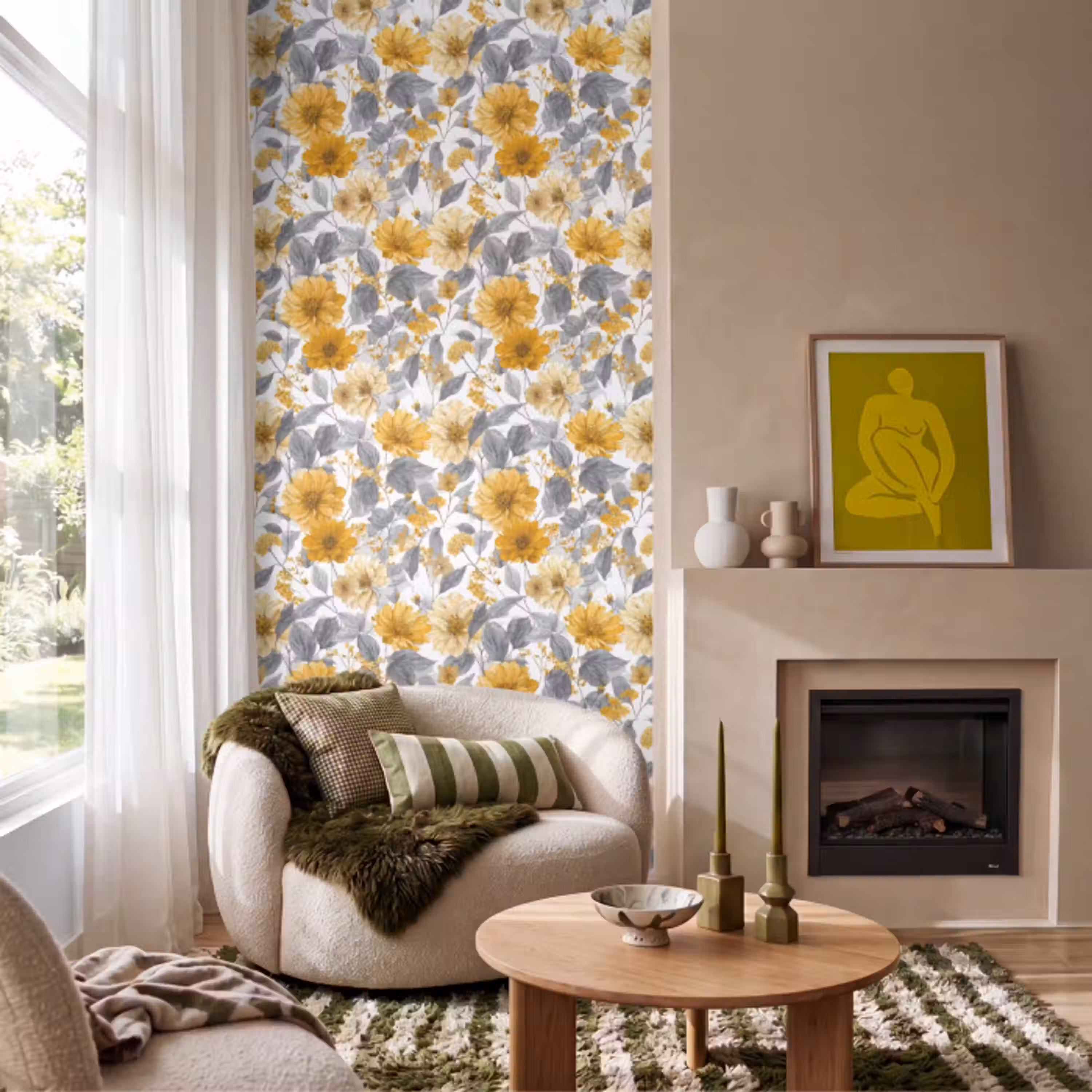 Bloemen - Botanisch - Elegant - Okergeel - Grijs Behang Vlies klein 1076 -sfeer2