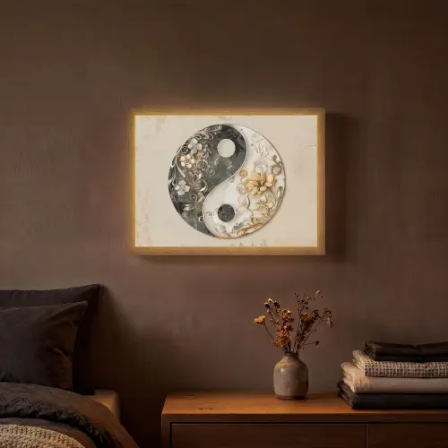 Yin Yang - Bloemen - Zwart - Wit - Vintage Light Box met batterij (Wandlamp) middel -sfeer4