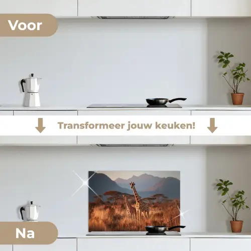 Giraffen - Hoog gras - Acaciabomen keuken achterwand spatscherm klein -voor_na_NL