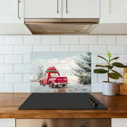 Auto - Rood - Cadeaus - Winter - Sneeuw - Kerst keuken achterwand spatscherm klein -sfeer2