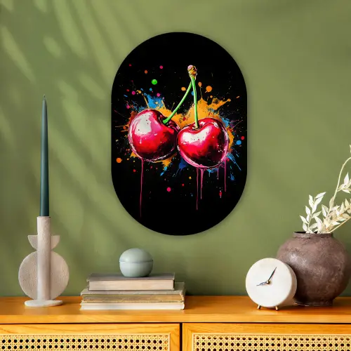Kersen - Fruit - Graffiti - Verf - Abstract - Modern - Kleurrijk Wandcirkel Ovaal Forex klein -sfeer2