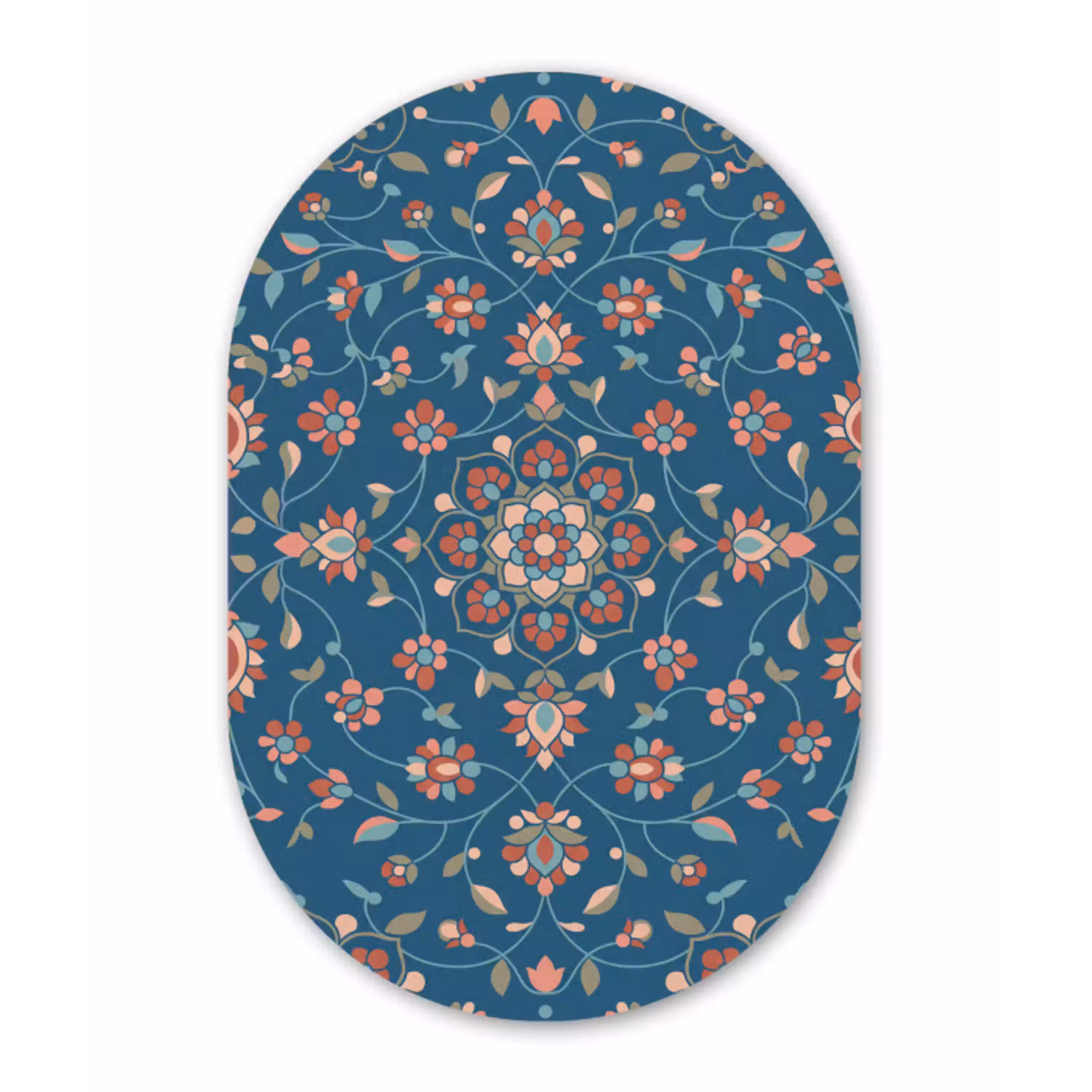 Bloemen - Patroon - Natuur - Ornament - Blauw Wandcirkel Ovaal Aluminium middel -3d