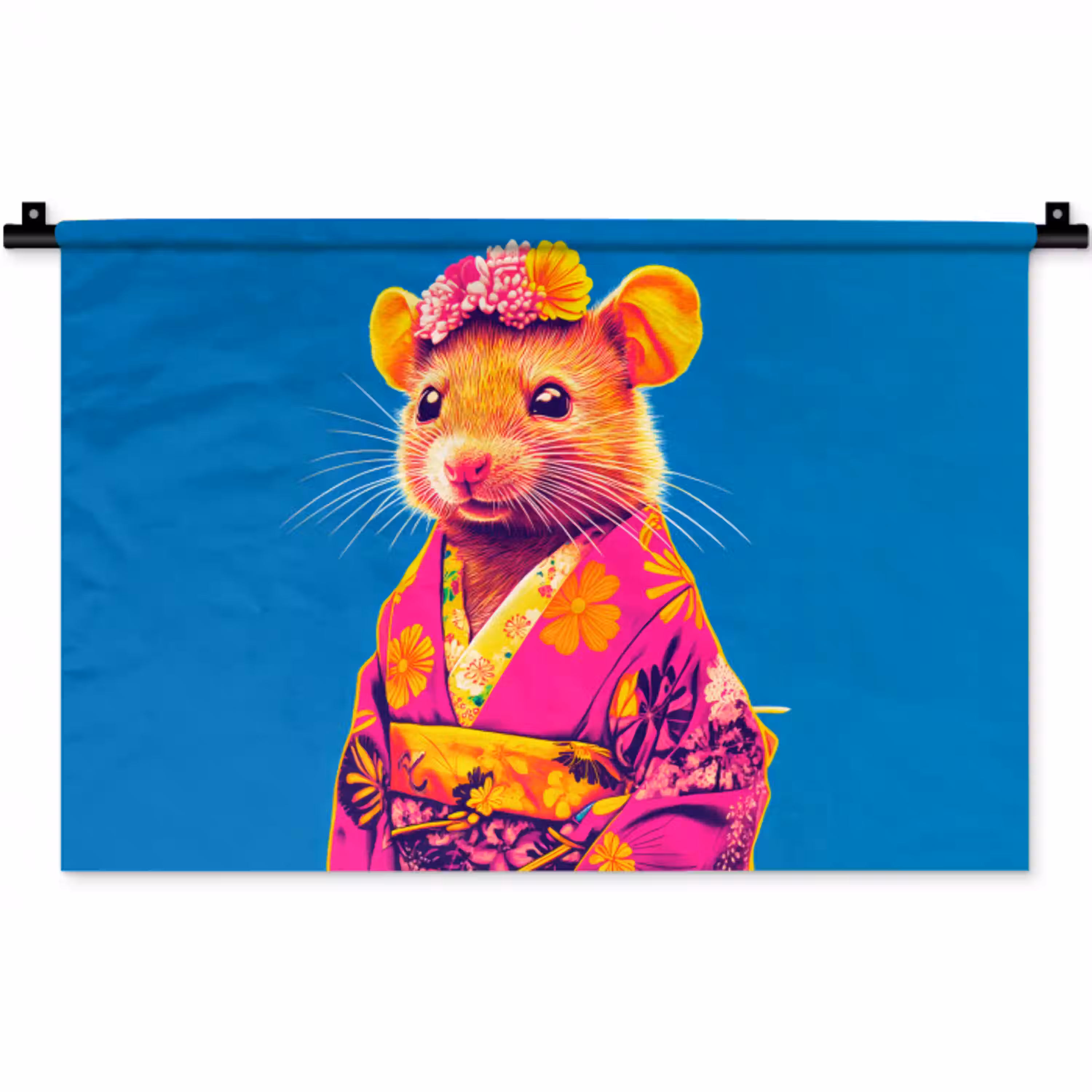 Muis - Kimono - Bloemen - Blauw Wandkleed katoen klein -zz3d