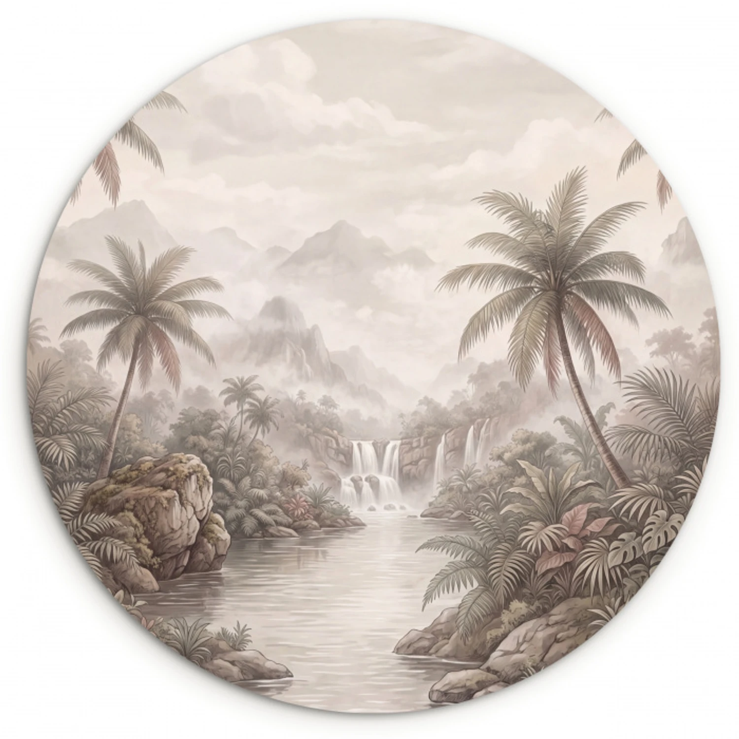 Jungle - Watervallen - Tropisch - Illustratie Wandcirkel kunststof plaat 5mm dik klein -3d