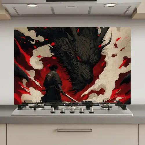 Krijger - Draak - Zwart - Rood - Rook keuken achterwand spatscherm klein -3d_website