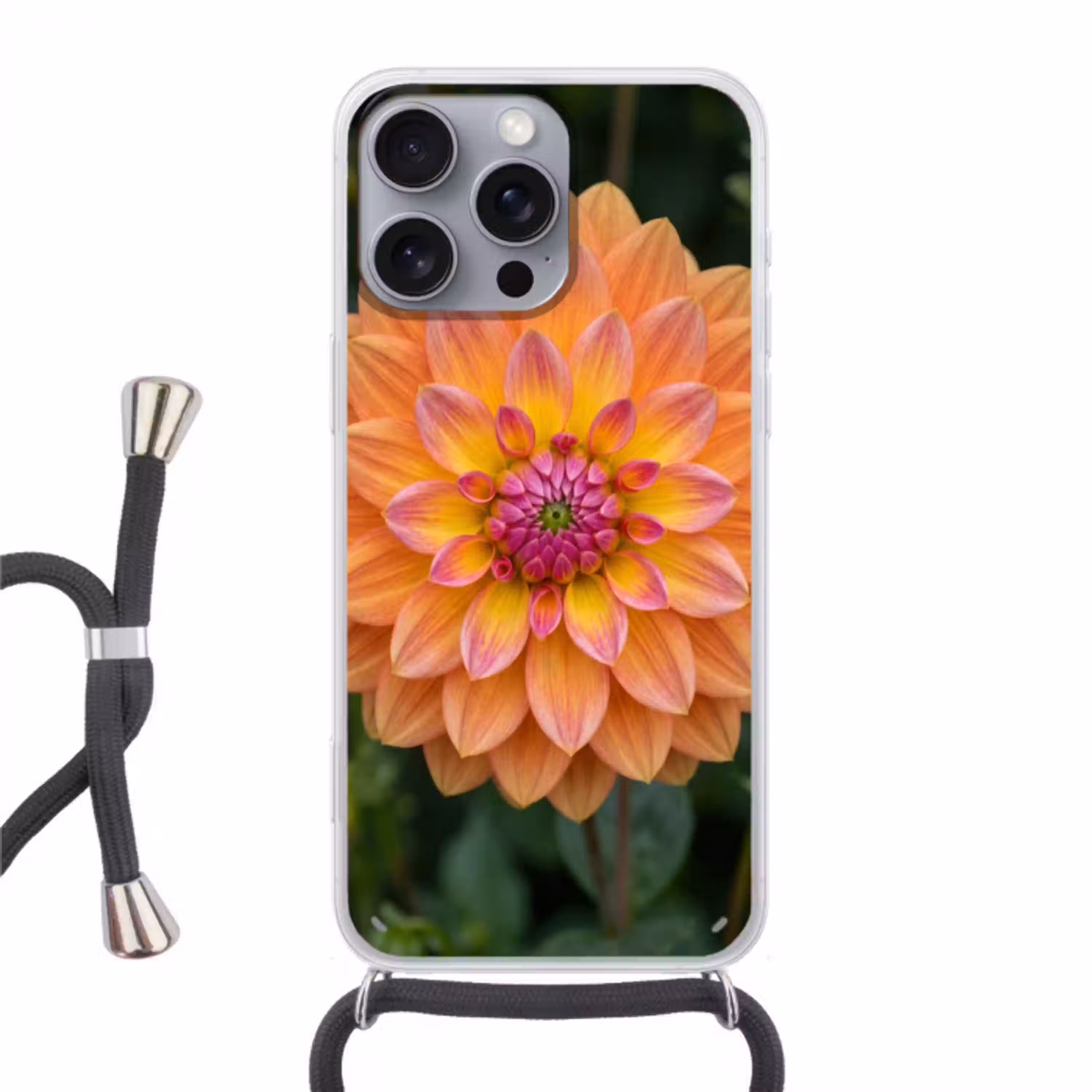 Dahlia - Bloem - Oranje Hoesje iPhone 16 Pro Max met koord klein -3d