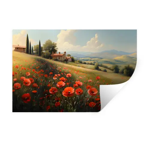 Klaprozen - Rood - Heuvels - Landschap Muursticker klein -3d
