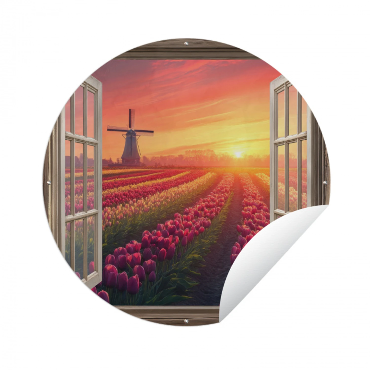Doorkijk - Tulpen - Zonsondergang - Bloemen - Kleurrijk Wandcirkel tuinposter met ringen klein -3d