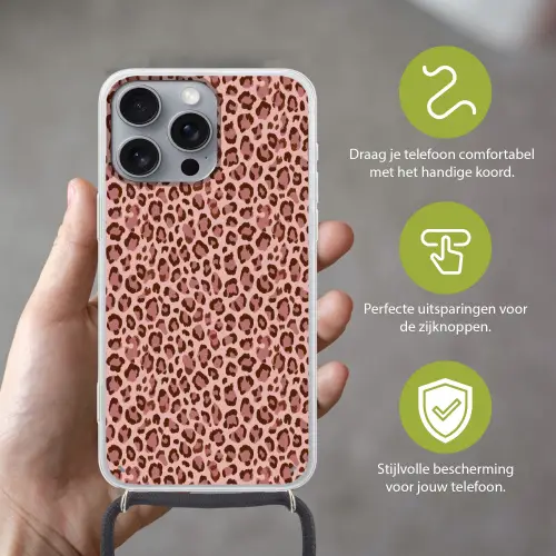 Luipaard - Patroon - Roze Hoesje iPhone 16 Pro Max met koord klein 804 -sfeer2_NL