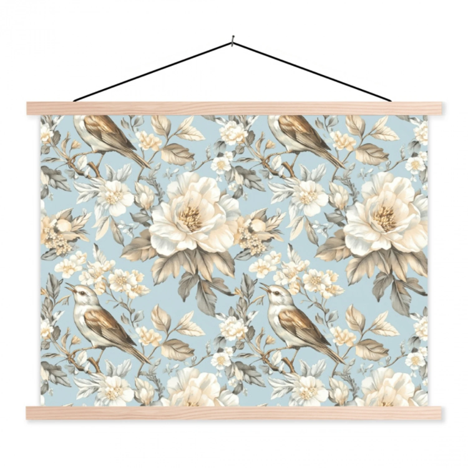 Botanisch - Zangvogel - Blauw textielposter latten blank klein 122 -3d