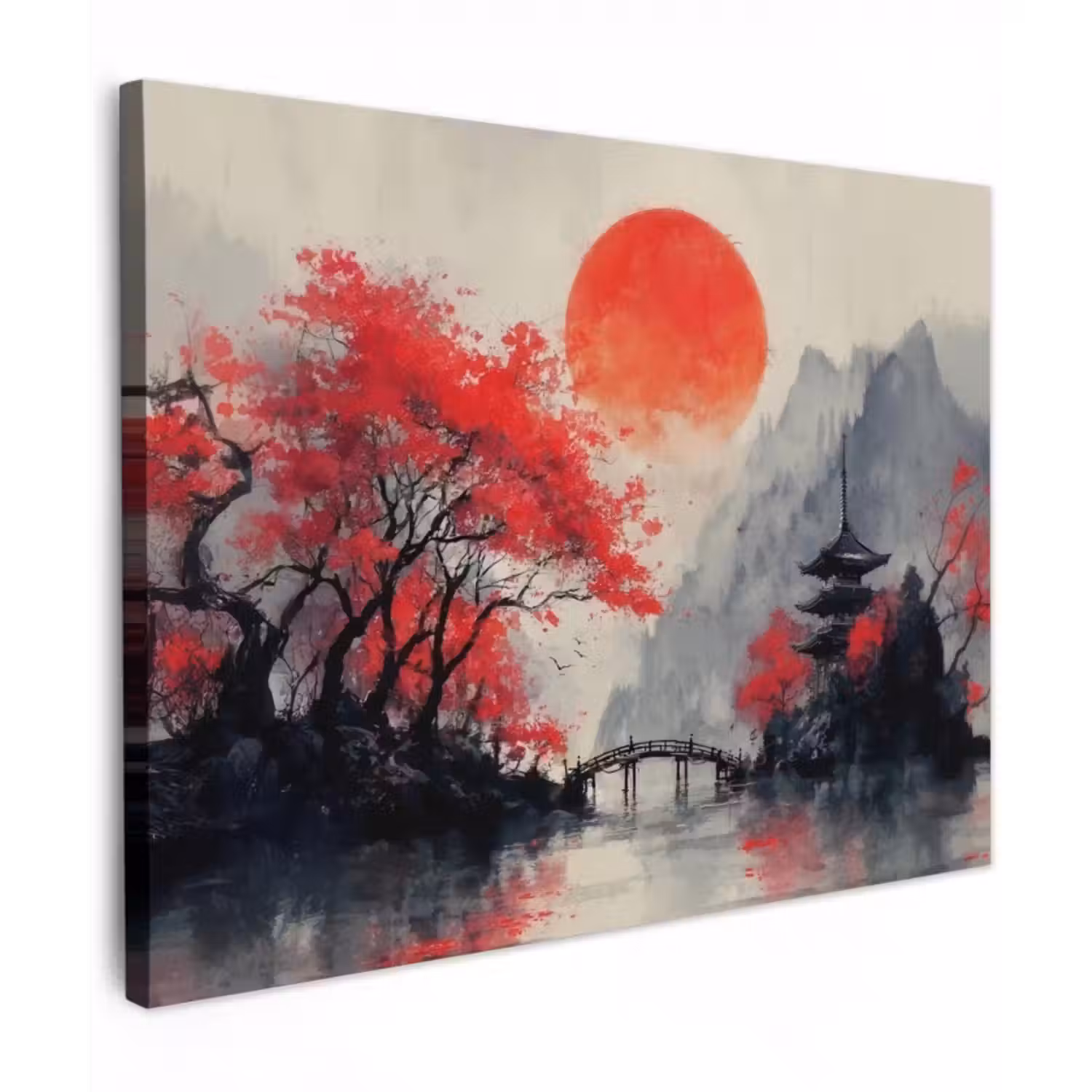 Leinwandbild - Rote Sonne - Fluss - Brücke - Bäume