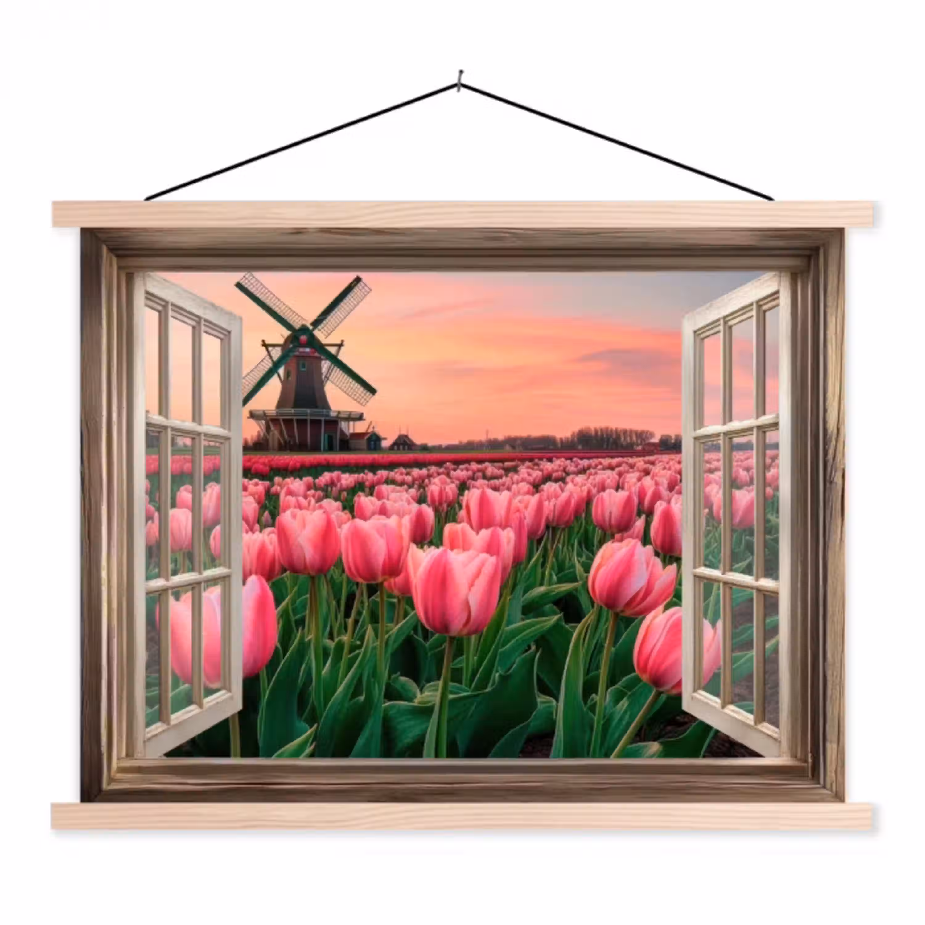 Doorkijk - Tulpen - Bloemen - Molen - Raam textielposter latten blank klein -3d