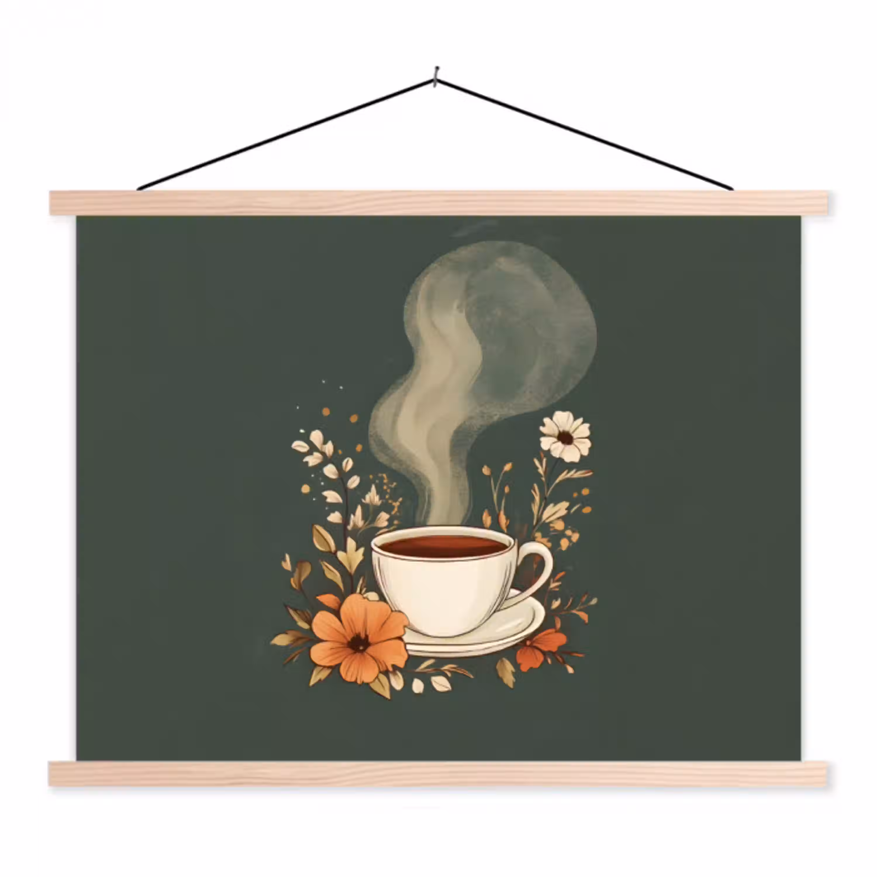 Kop - Bloemen - Groen - Koffie textielposter latten blank klein -3d