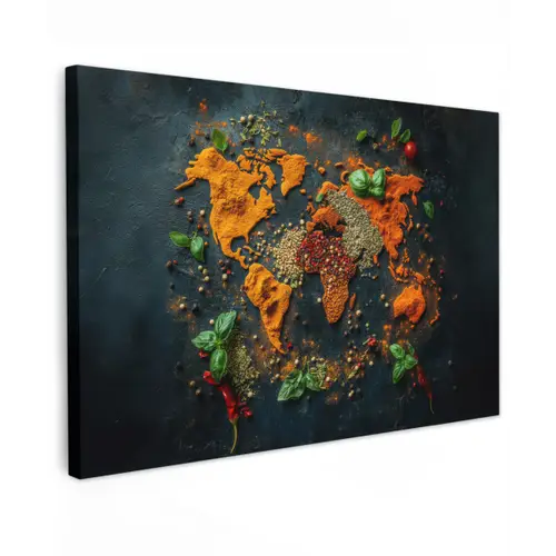 Wereldkaart - Kruiden - Levendige kleuren Tuinposter op houten frame 2 cm dik klein -3d