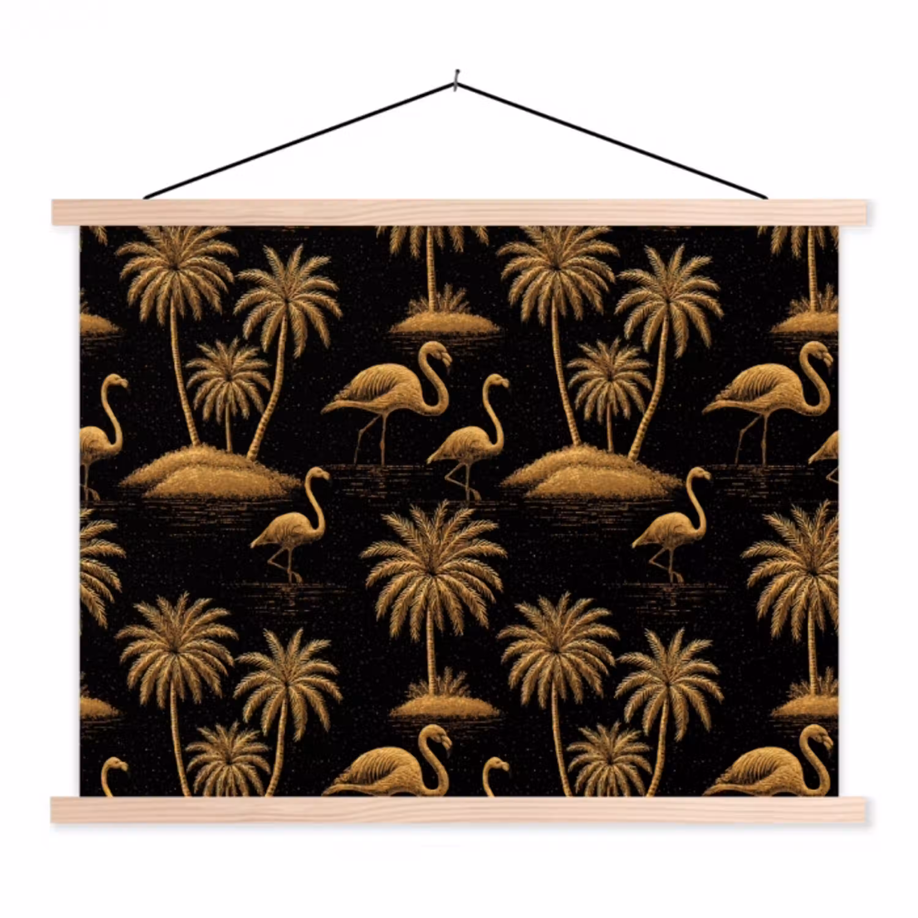 Flamingo - Palmbomen - Tropisch - Goud - Zwart textielposter latten blank klein 122 -3d