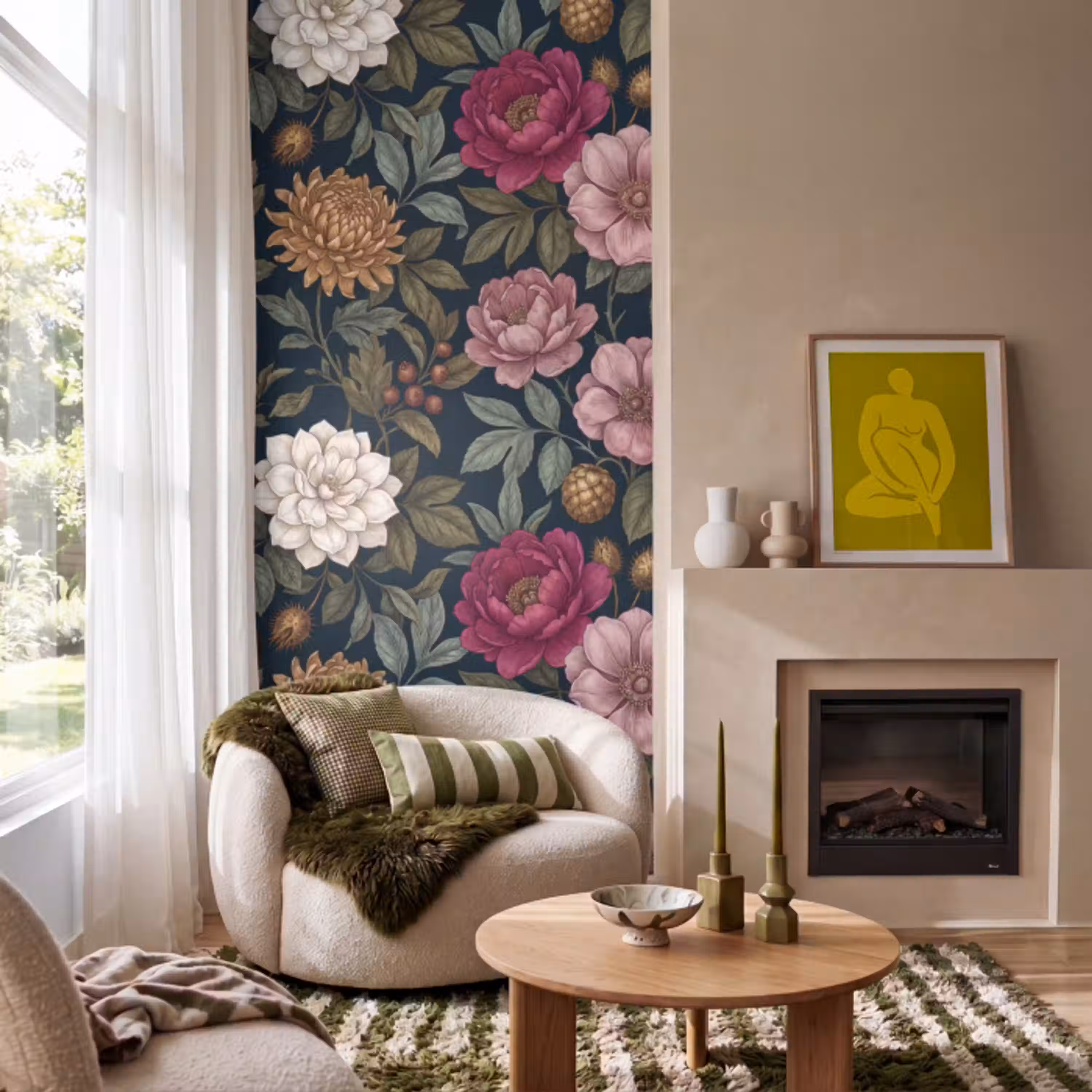 Bloemen - Botanisch - Illustratie - Donker - Vintage Behang Vlies klein -sfeer2