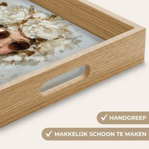 Schilderij - Vrouw - Zonnebril - Bloemenkrans Dienblad Rechthoek middel -USP_HandgreepNL