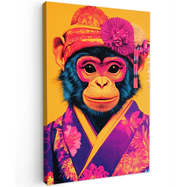 Aap - Kimono - Bloemen - Hoofdtooi Tuinposter op houten frame 2 cm dik klein -3d