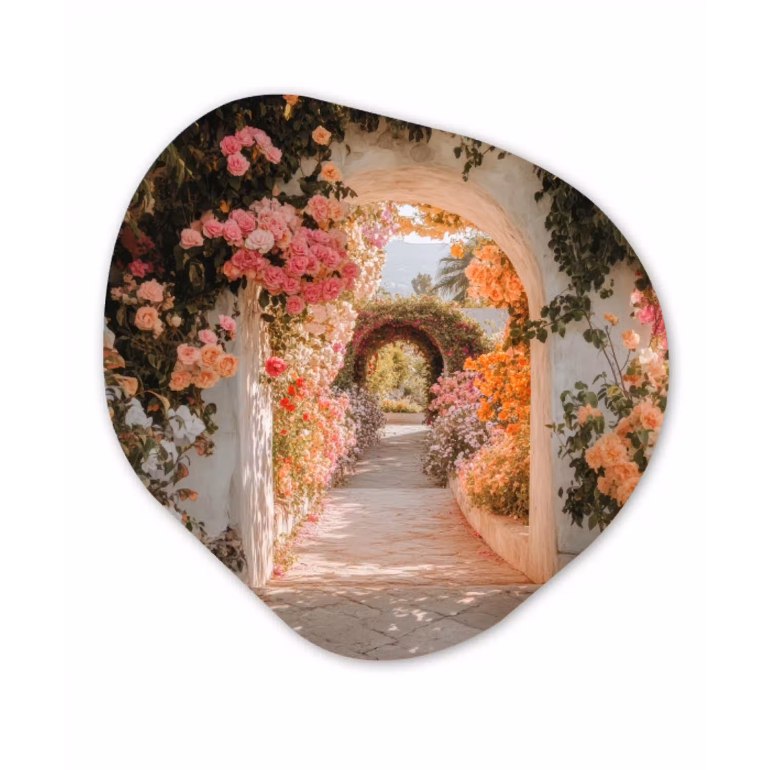 Doorkijk - Boog - Bloemen - Pastel Wandcirkel Organisch Plexiglas middel -3d