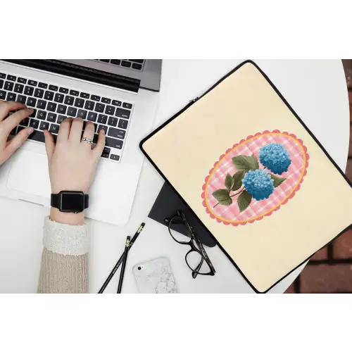 Bloemen - Blauw - Lijst - Bladeren laptophoes neopreen klein -bureau