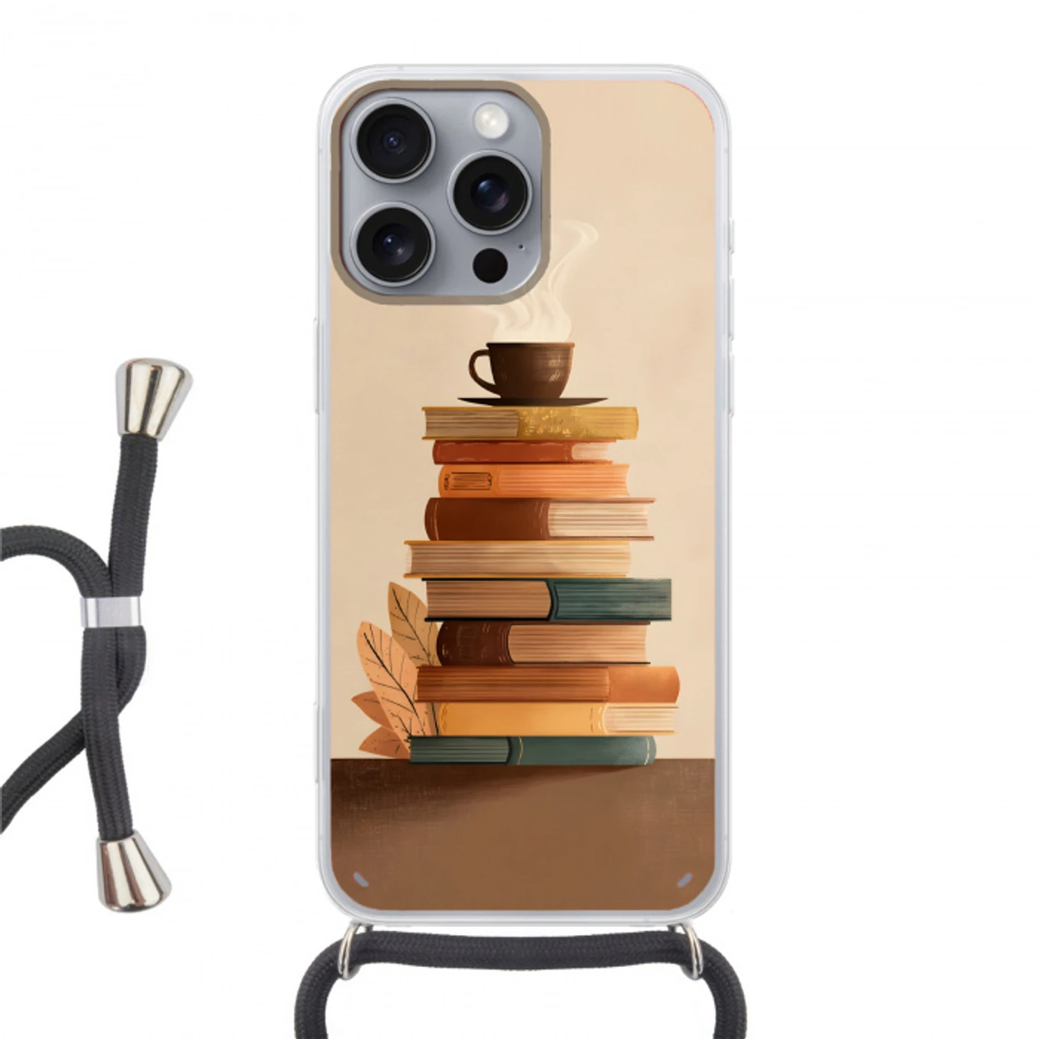 Boeken - Toren - Koffie - Beige Hoesje iPhone 16 Pro Max met koord klein -3d