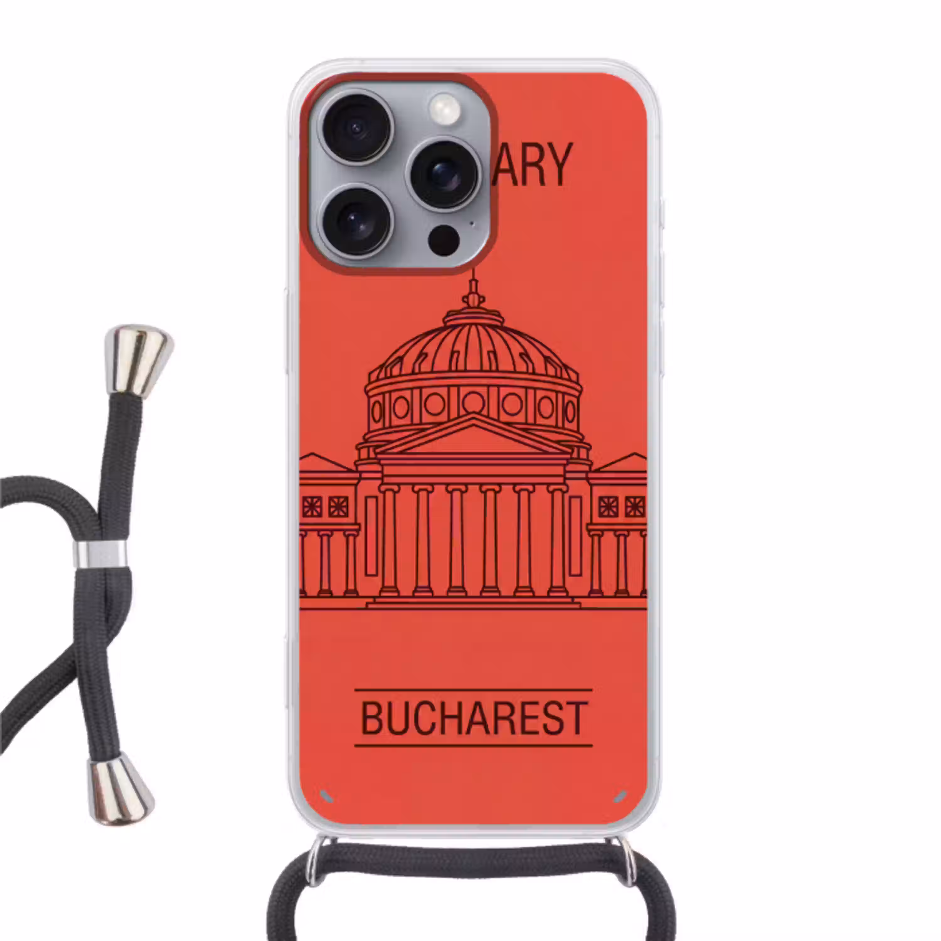 Architectuur - Boekarest - Stedelijk - Lijntekening - Rood Hoesje iPhone 16 Pro Max met koord klein -3d