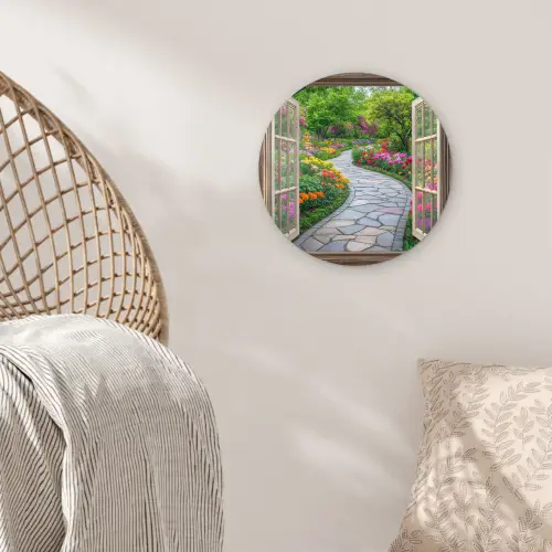 Doorkijk - Bloemen - Tuinpad - Natuur - Raam Wandcirkel kunststof plaat 5mm dik klein -sfeer5