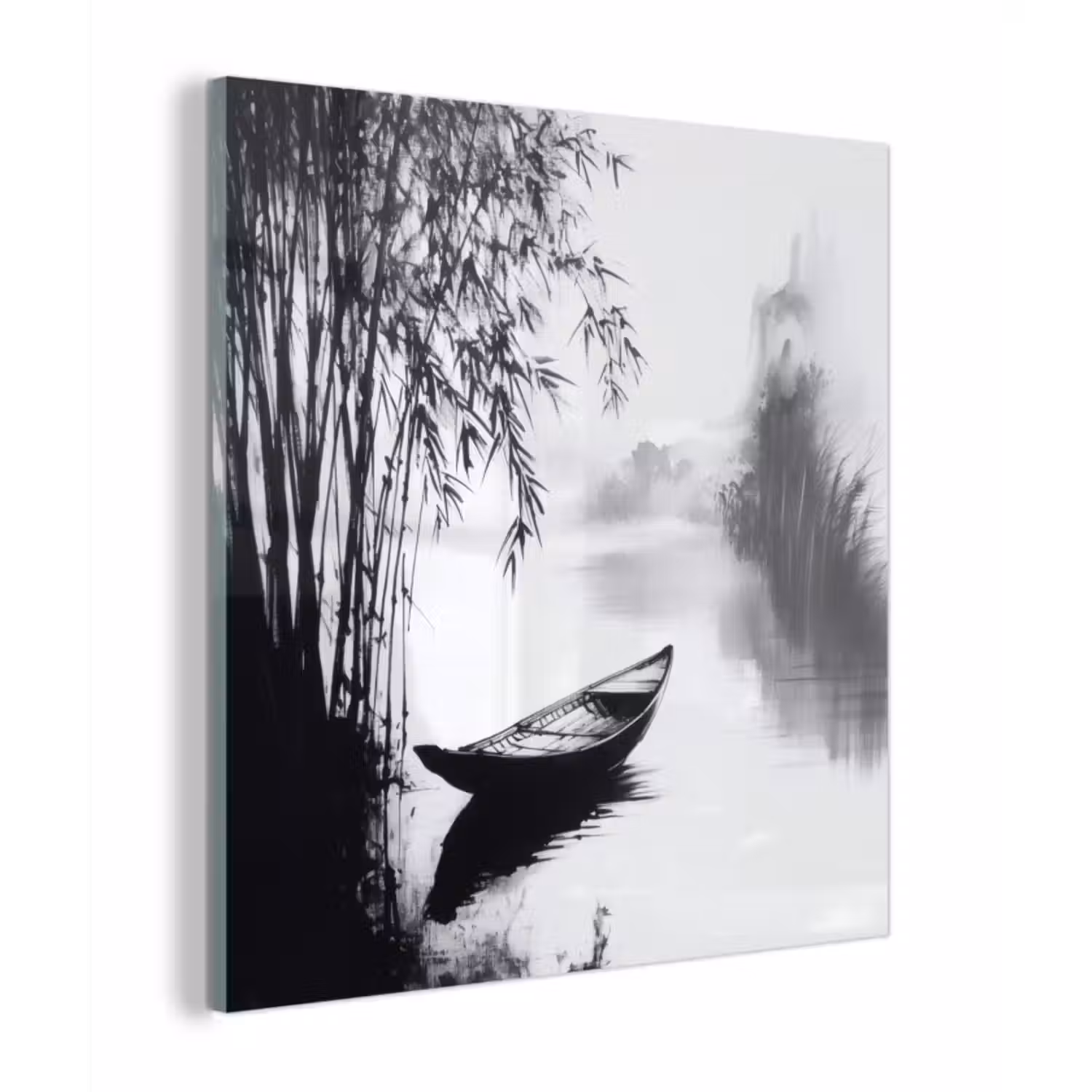 Glas schilderij - Boot - Rivier - Bamboe - Wit