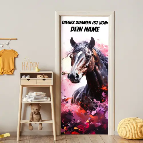 Gemaltes Pferd in kräftigen Farben mit personalisierbarem Text oben. deurposter klein -sfeer4