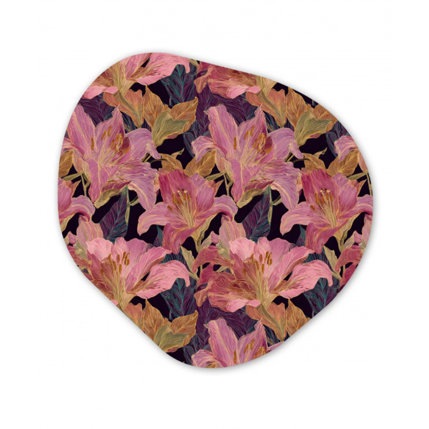 Lelies - Patroon - Roze - Goud Wandcirkel Organisch Aluminium middel 851 -3d